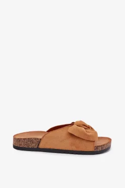 New Boto Klapki Damskie Na Korkowej Podeszwie Kokardką Camel Seressa Brązowy