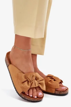 New Boto Klapki Damskie Na Korkowej Podeszwie Kokardką Camel Seressa Brązowy