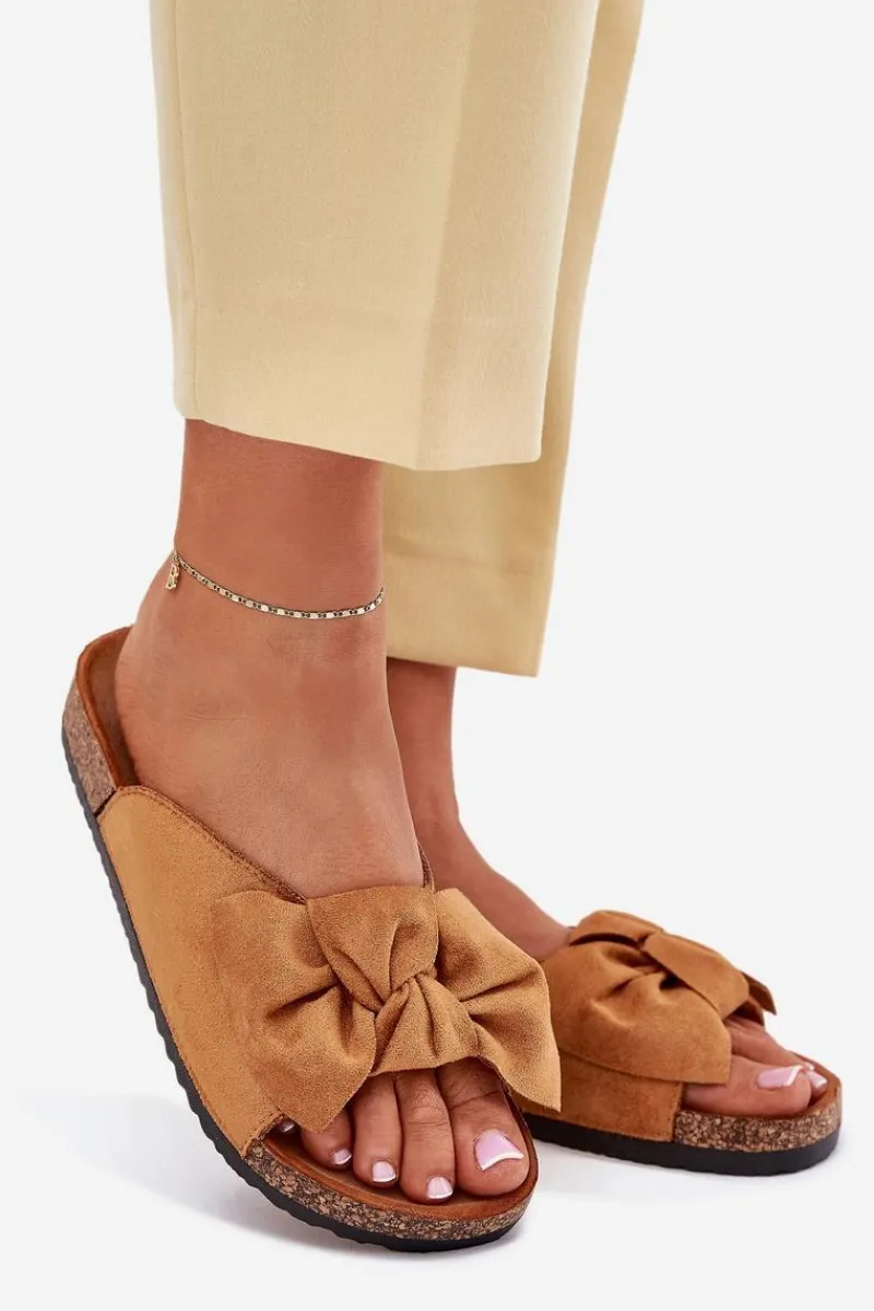 New Boto Klapki Damskie Na Korkowej Podeszwie Kokardką Camel Seressa Brązowy