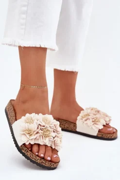 Best Boto Klapki Damskie Na Korkowej Podeszwie Z Kwiatkami Beżowe Ferenza