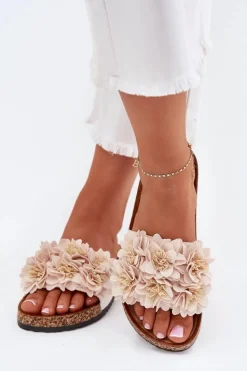 Best Boto Klapki Damskie Na Korkowej Podeszwie Z Kwiatkami Beżowe Ferenza