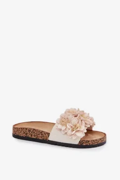 Best Boto Klapki Damskie Na Korkowej Podeszwie Z Kwiatkami Beżowe Ferenza