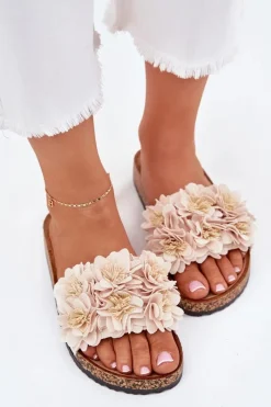 Best Boto Klapki Damskie Na Korkowej Podeszwie Z Kwiatkami Beżowe Ferenza