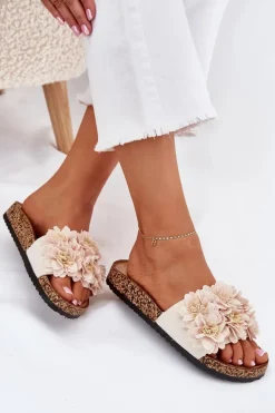 Best Boto Klapki Damskie Na Korkowej Podeszwie Z Kwiatkami Beżowe Ferenza