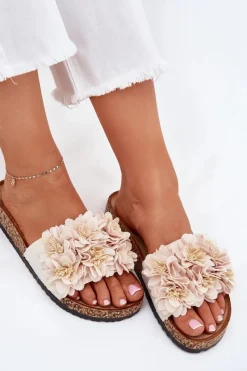 Best Boto Klapki Damskie Na Korkowej Podeszwie Z Kwiatkami Beżowe Ferenza