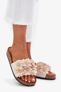 Best Boto Klapki Damskie Na Korkowej Podeszwie Z Kwiatkami Beżowe Ferenza
