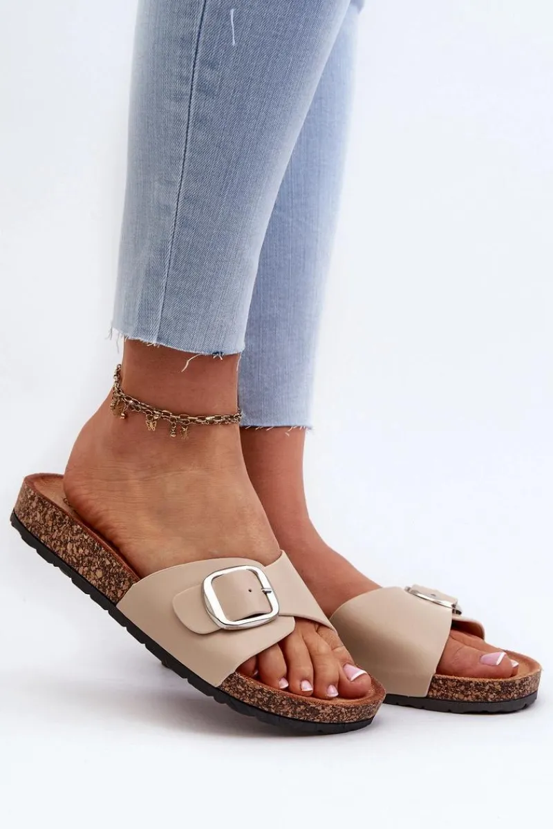 Sale Boto Klapki Damskie Na Korkowej Platformie Z Klamrą Beżowe Moaxi