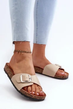 Sale Boto Klapki Damskie Na Korkowej Platformie Z Klamrą Beżowe Moaxi