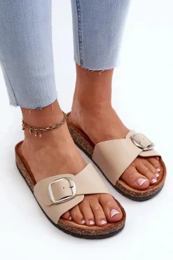 Sale Boto Klapki Damskie Na Korkowej Platformie Z Klamrą Beżowe Moaxi