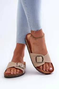 Sale Boto Klapki Damskie Na Korkowej Platformie Z Klamrą Beżowe Moaxi