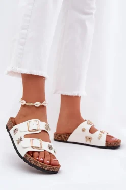 Online Klapki Damskie Na Korkowej Podeszwie Z Klamrami I Przypinkami Białe Efadelis Damskie Klapki Korkowe|Klapki Na Platformie