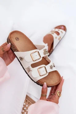 Online Klapki Damskie Na Korkowej Podeszwie Z Klamrami I Przypinkami Białe Efadelis Damskie Klapki Korkowe|Klapki Na Platformie