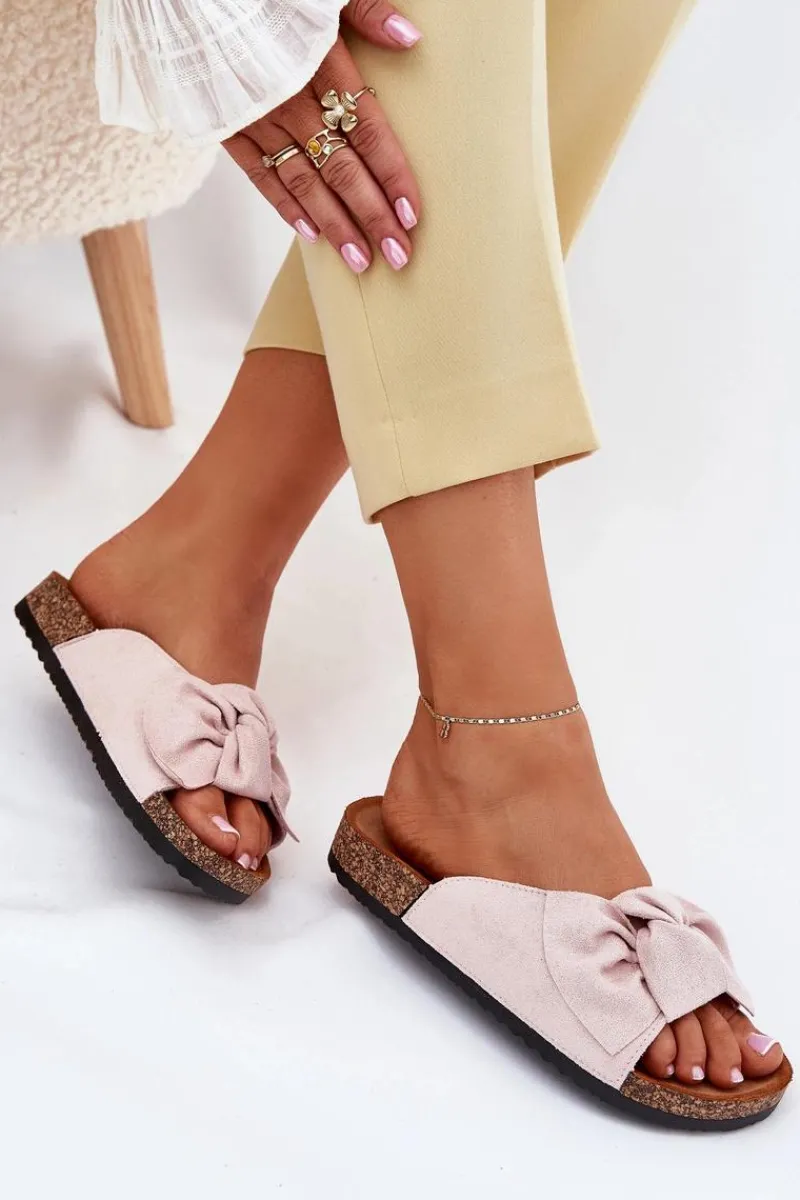 Boto Klapki Damskie Na Korkowej Podeszwie Kokardką Jasnoróżowe Seressa Różowy