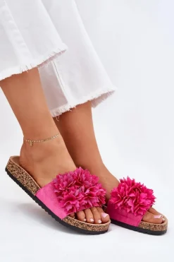 Hot Boto Klapki Damskie Na Korkowej Podeszwie Z Kwiatkami Fuksja Ferenza Różowy