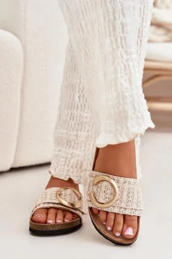 Boto Klapki Damskie Na Korkowej Platformie Ze Złotą Klamrą Beżowe Nilaviena