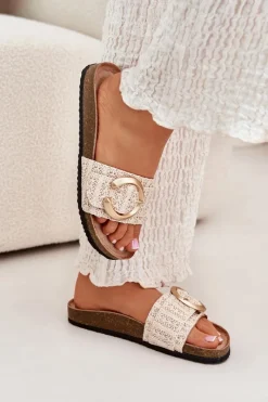 Boto Klapki Damskie Na Korkowej Platformie Ze Złotą Klamrą Beżowe Nilaviena