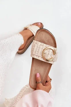 Boto Klapki Damskie Na Korkowej Platformie Ze Złotą Klamrą Beżowe Nilaviena