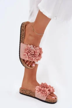Discount Klapki Damskie Na Korkowej Podeszwie Z Kwiatkami Różowe Ferenza Damskie Klapki Korkowe|Klapki Na Platformie