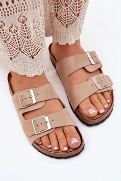 Hot Boto Klapki Damskie Na Korkowej Platformie Klamry Beżowe Evisolla