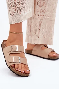 Hot Boto Klapki Damskie Na Korkowej Platformie Klamry Beżowe Evisolla