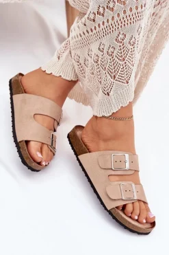 Hot Boto Klapki Damskie Na Korkowej Platformie Klamry Beżowe Evisolla