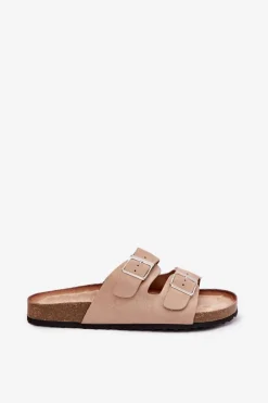 Hot Boto Klapki Damskie Na Korkowej Platformie Klamry Beżowe Evisolla