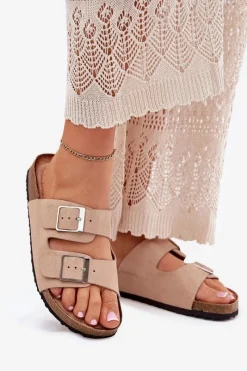 Hot Boto Klapki Damskie Na Korkowej Platformie Klamry Beżowe Evisolla