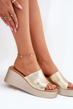 Discount Boto Klapki Damskie Na Koturnie Eko Skórzane Złote Obenae