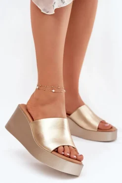 Discount Boto Klapki Damskie Na Koturnie Eko Skórzane Złote Obenae