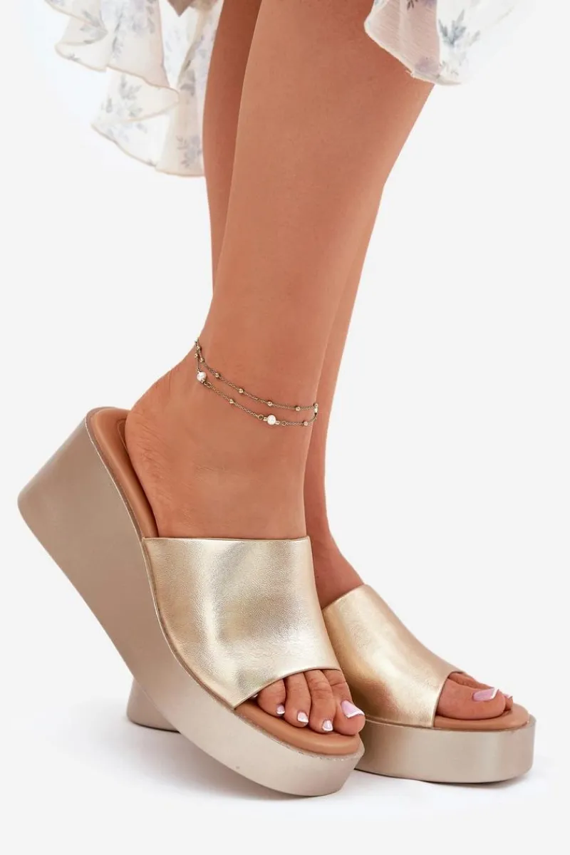 Discount Boto Klapki Damskie Na Koturnie Eko Skórzane Złote Obenae