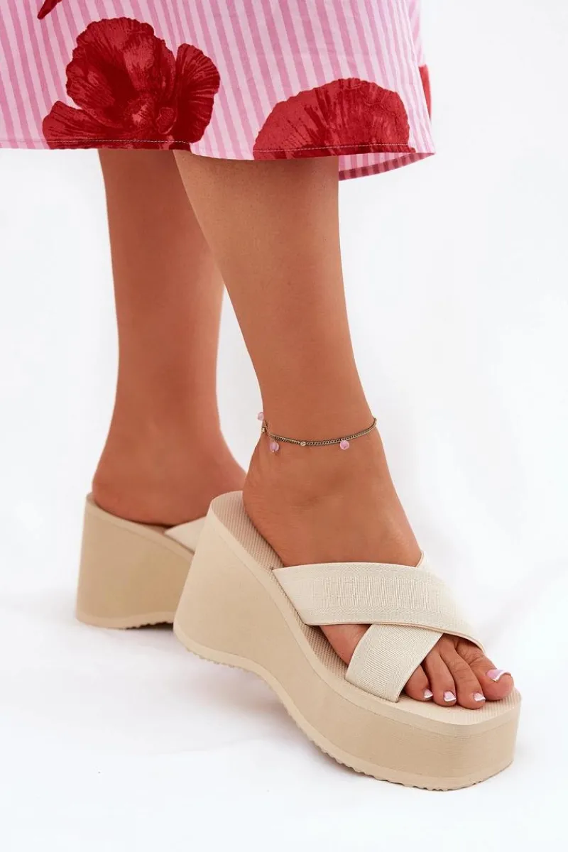 Clearance Boto Klapki Damskie Na Koturnie I Platformie Beżowe Sevolee Beżowy