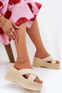 Clearance Boto Klapki Damskie Na Koturnie I Platformie Beżowe Sevolee Beżowy