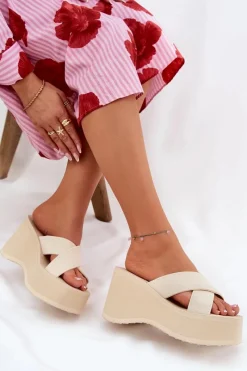 Clearance Boto Klapki Damskie Na Koturnie I Platformie Beżowe Sevolee Beżowy