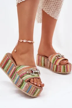 Discount Klapki Damskie Na Koturnie Z Plecionką I Ozdobą Multikolor Isolene Damskie Klapki Na Koturnie|Klapki Na Platformie