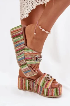 Discount Klapki Damskie Na Koturnie Z Plecionką I Ozdobą Multikolor Isolene Damskie Klapki Na Koturnie|Klapki Na Platformie