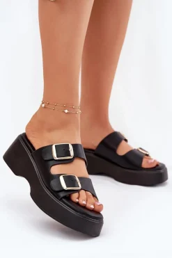 Outlet Klapki Damskie Na Koturnie I Platformie Z Klamrami Czarne Nitarelia Damskie Klapki Na Koturnie|Klapki Na Platformie