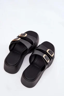 Outlet Klapki Damskie Na Koturnie I Platformie Z Klamrami Czarne Nitarelia Damskie Klapki Na Koturnie|Klapki Na Platformie