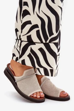 Sale Boto Klapki Damskie Na Koturnie Z Ozdobnym Paseczkiem Beżowe Teriwes Beżowy