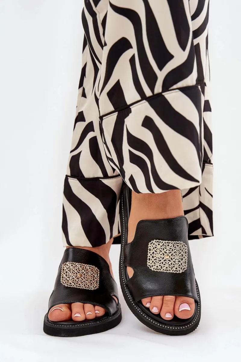 Klapki Na Koturnie|Klapki Na Platformie>Boto Klapki Damskie Na Koturnie Eko Skórzane Z Ozdobą Czarne Sarela Czarny