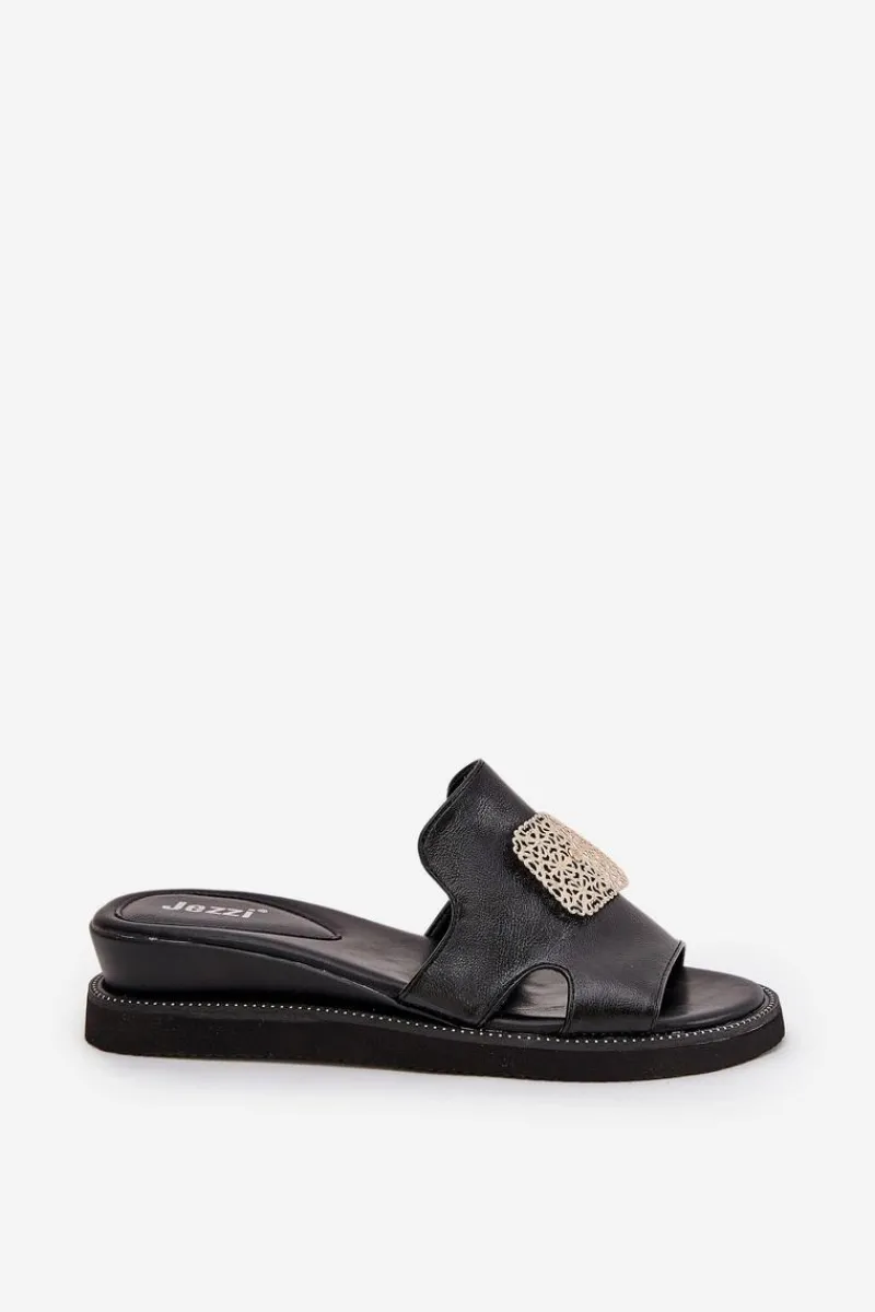 Klapki Na Koturnie|Klapki Na Platformie>Boto Klapki Damskie Na Koturnie Eko Skórzane Z Ozdobą Czarne Sarela Czarny