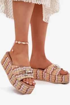 Discount Boto Klapki Damskie Na Koturnie Z Plecionką I Ozdobą Multikolor Isolene Wielokolorowy