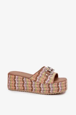 Discount Boto Klapki Damskie Na Koturnie Z Plecionką I Ozdobą Multikolor Isolene Wielokolorowy