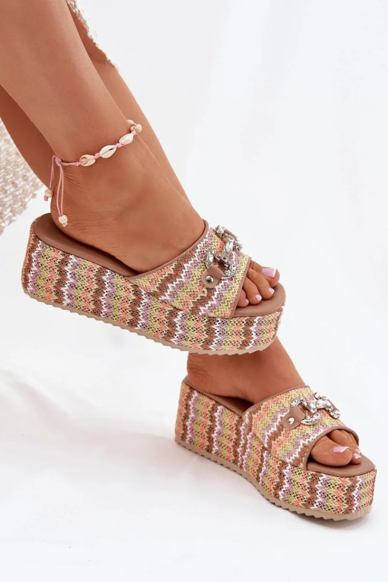 Discount Boto Klapki Damskie Na Koturnie Z Plecionką I Ozdobą Multikolor Isolene Wielokolorowy