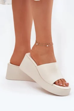 Hot Boto Klapki Damskie Na Koturnie Eko Skórzane Jasnobeżowe Obenae Beżowy