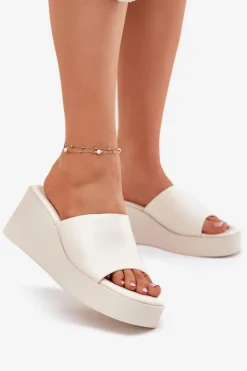 Hot Boto Klapki Damskie Na Koturnie Eko Skórzane Jasnobeżowe Obenae Beżowy