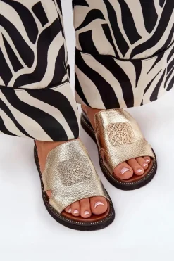 Clearance Klapki Damskie Na Koturnie Eko Skórzane Z Ozdobą Złote Sarela Damskie Klapki Na Koturnie|Klapki Na Platformie