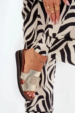 Clearance Klapki Damskie Na Koturnie Eko Skórzane Z Ozdobą Złote Sarela Damskie Klapki Na Koturnie|Klapki Na Platformie