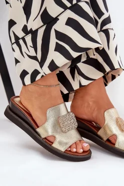 Clearance Klapki Damskie Na Koturnie Eko Skórzane Z Ozdobą Złote Sarela Damskie Klapki Na Koturnie|Klapki Na Platformie