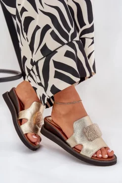 Clearance Klapki Damskie Na Koturnie Eko Skórzane Z Ozdobą Złote Sarela Damskie Klapki Na Koturnie|Klapki Na Platformie