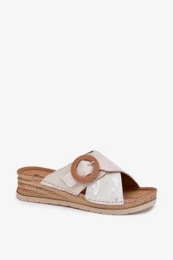 Best Klapki Damskie Na Koturnie Z Ozdobną Klamrą RV000012 Jasnobeżowe Damskie Klapki Na Koturnie|Klapki Na Obcasie